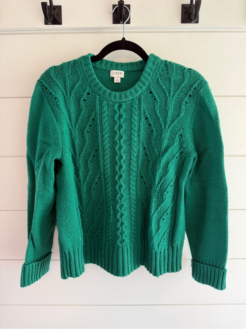 J. Crew Women's Green Cable-Knit Crewneck Sweater, Size Large